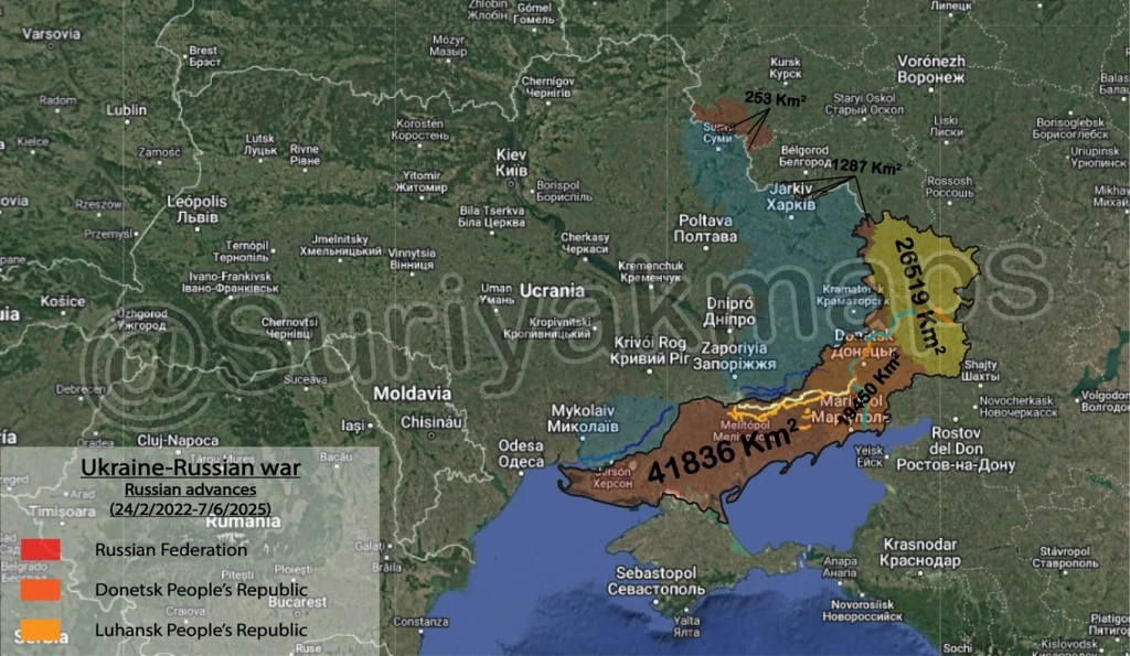 Map of the Russia-Ukraine war as of June 7, the 1,200th day since the conflict broke out. Moscow currently controls about 19.28% of Ukraine's area, including the Crimean peninsula (Photo: Suriyakmaps).

